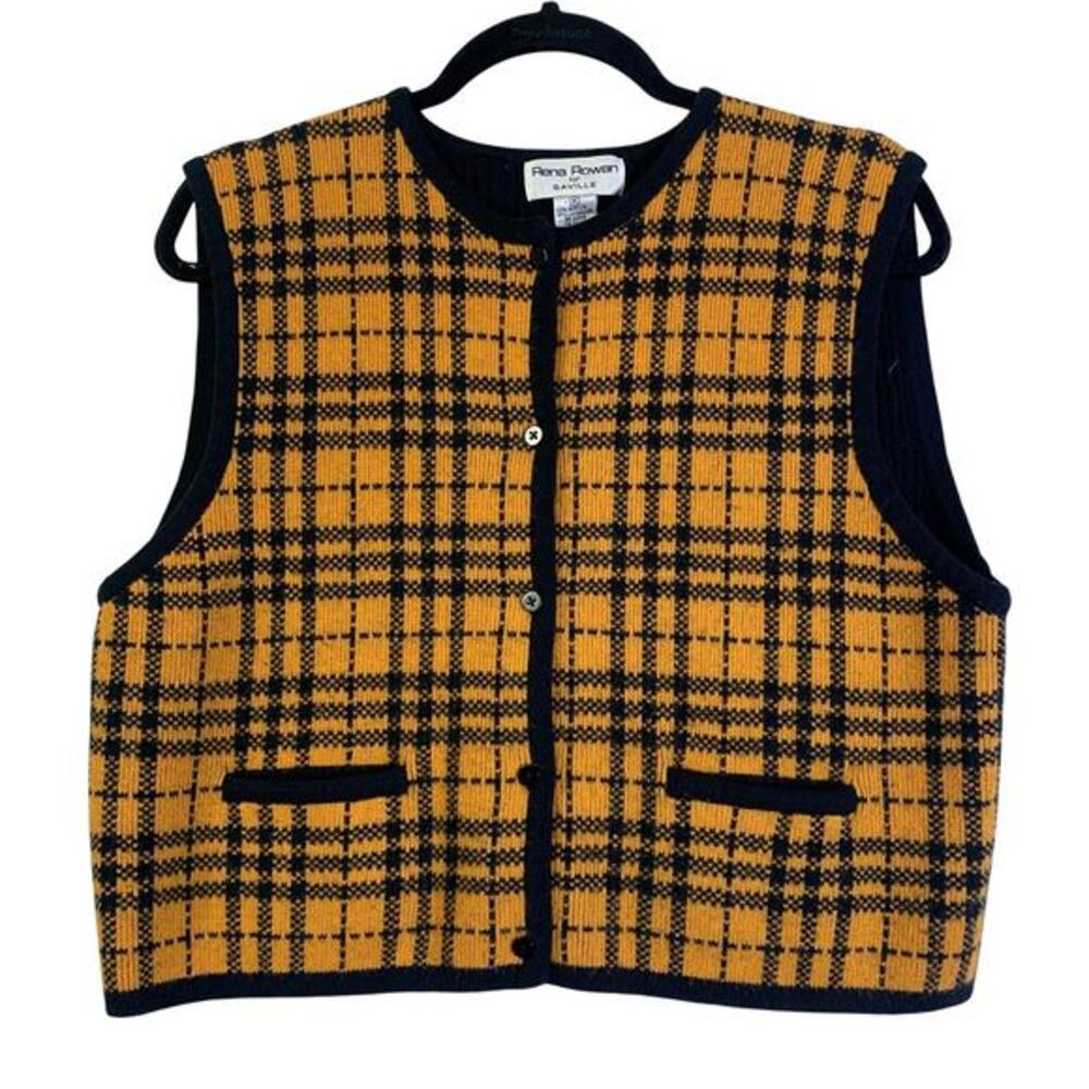 RENA ROWAN Vest Medium Vintage Lambswool Blend Knit Plaid Sweater Button Down